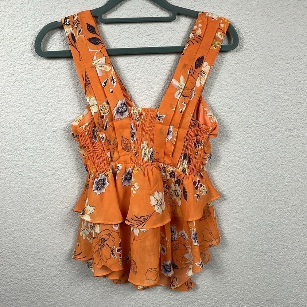 Haute Monde Ruffle Tiered Peplum Chiffon V Neck Blouse Orange Floral - Picture 3 of 7